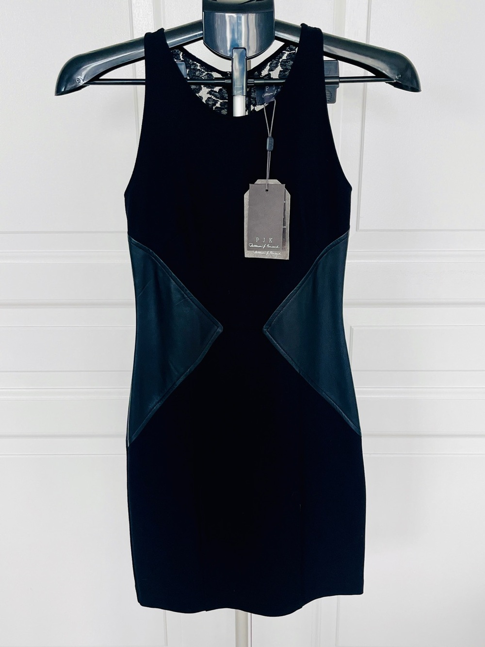 NWT Patterson J Kincaid LBD Black Stretch Sheath Dress with Leather and Lace